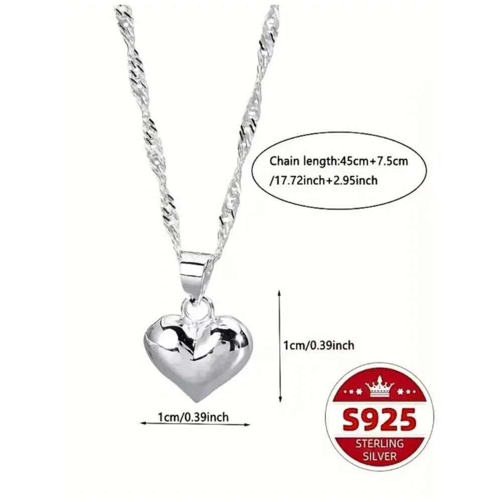 NWT-Heart Pendant Necklace Puffy Sterling Plate Twist Chain Modern Classic